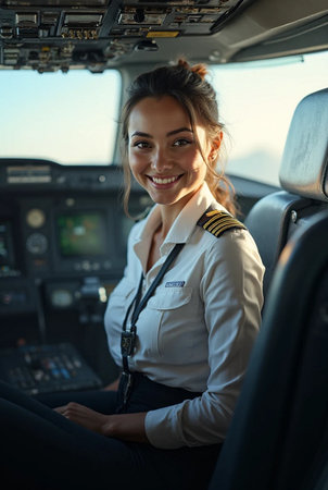 Portrait of a beautiful young female pilot in the cockpit of a planeの素材