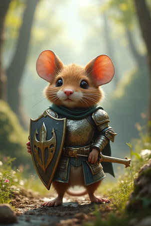 Cute little mouse dressed as a medieval knight in the forest.の素材