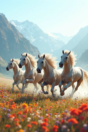White horses running in a meadow of wildflowers in the mountainsの素材