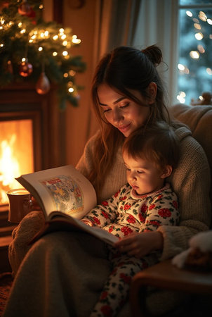 Mother and daughter reading a book by the fireplace at Christmas time.の素材
