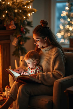 Mother and daughter sitting in armchair near christmas tree and reading bookの素材