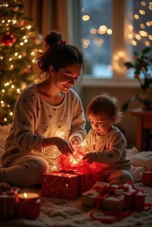 Mother and daughter decorating christmas tree with sparklers at homeの素材