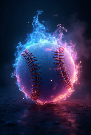3D rendering of a baseball ball with fire flames on a dark backgroundの素材