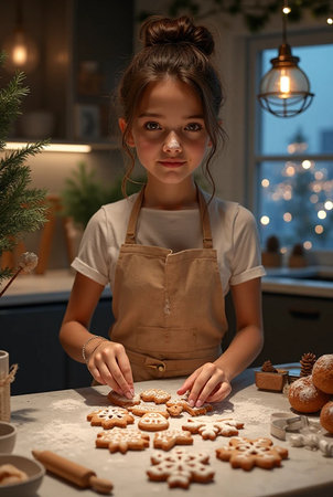 Cute little girl preparing gingerbread cookies in the kitchen at homeの素材