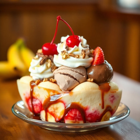 Ice cream sundae with strawberries, bananas, chocolate and whipped creamの素材