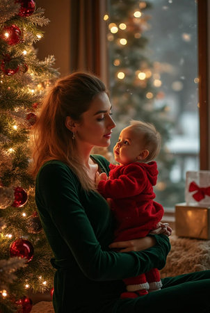 Young mother with her newborn baby at home near the Christmas tree.の素材