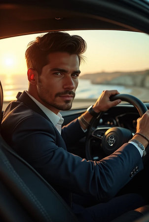 Handsome young man in elegant suit driving a car at sunsetの素材