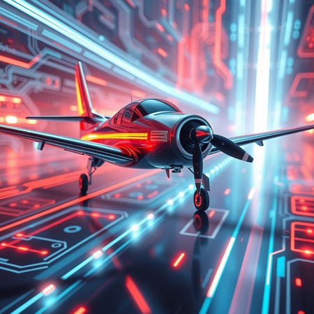 3D rendering of a flying drone on a futuristic background with neon lightsの素材