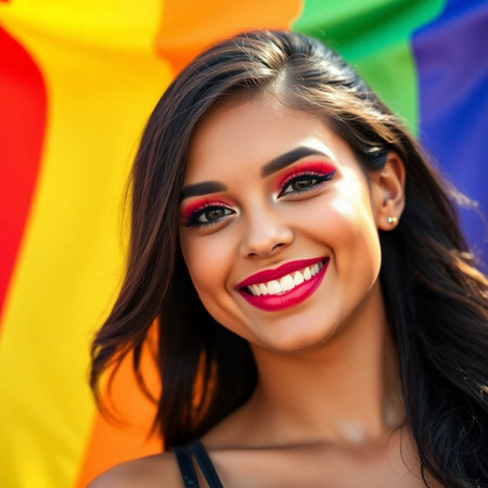 Portrait of a beautiful young woman with bright makeup and a rainbow flag in the backgroundの素材