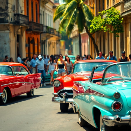 Old american cars on Havana street. Havana is the capital and largest city of Cuba.の素材