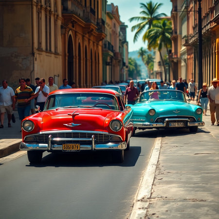 Old american cars in Havana, Cuba.の素材