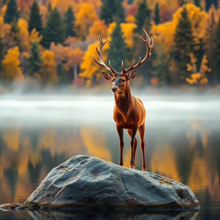 Majestic red deer stag standing on a rock in autumn forest lakeの素材