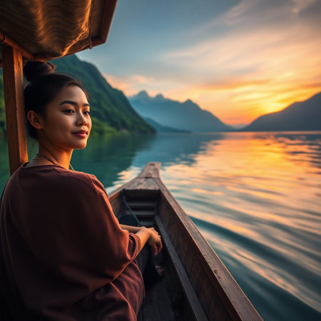 Beautiful asian woman sitting on the boat on the lake at sunsetの素材