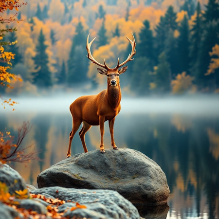 Beautiful wild deer standing on a rock by a lake in autumn.の素材