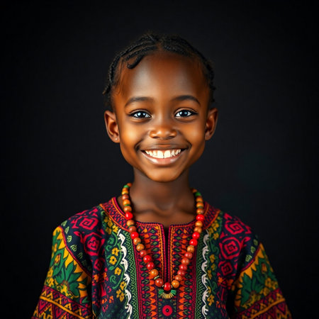 Portrait of a cute African American little girl in traditional clothesの素材