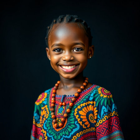 Portrait of a cute African American little girl on black backgroundの素材