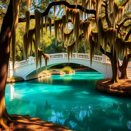 Garden with bridge and lake in the park. Conceptual image.の素材
