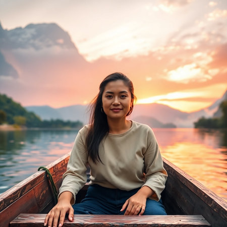 Asian woman sitting in boat on the lake with sunset sky background.の素材