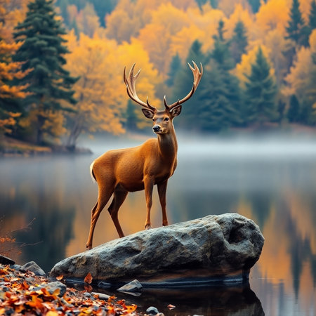 Majestic whitetail deer with antlers standing on rocks near lake in autumn forestの素材