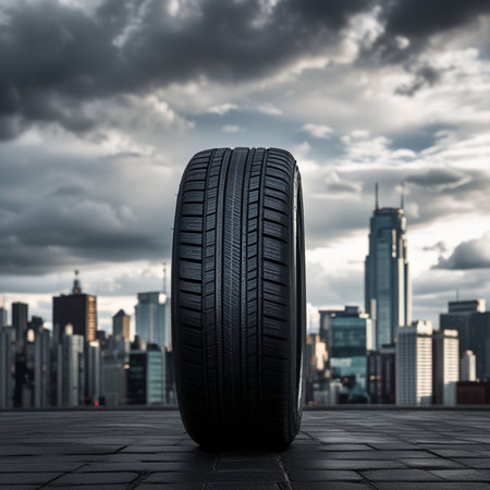 Car tire against the background of a modern city. 3d renderingの素材