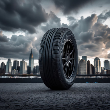 New car tire on the road in the city. 3d renderingの素材