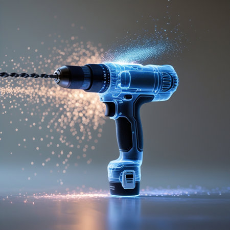 3d rendering of a cordless screwdriver with sparks coming out of itの素材