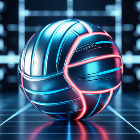 3d illustration of volleyball ball in neon light. 3d renderingの素材
