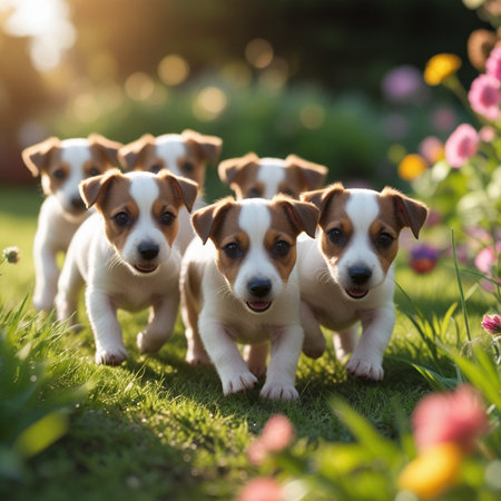Jack russell terrier puppies running in the grass with flowersの素材