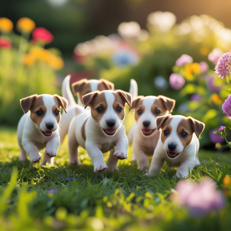 Three cute Jack Russell Terrier puppies running in the garden with flowersの素材