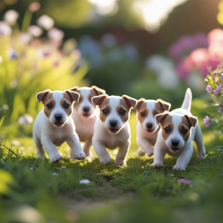 Three Jack Russell Terrier puppies in the garden. Selective focus.の素材