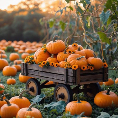 Halloween pumpkins in a wooden wagon on a pumpkin patch.の素材