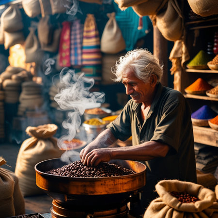 Portrait of an old man with coffee beans in a pot at the marketの素材