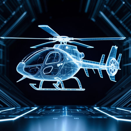 3D rendering of a helicopter on a dark blue background with lightsの素材