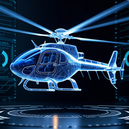 Blue holographic flying helicopter on black background. 3D Renderingの素材