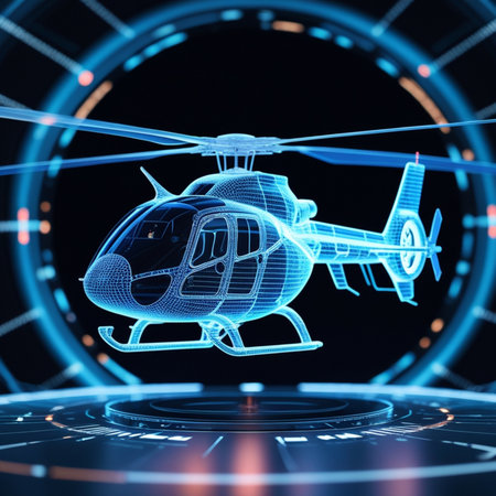 3d rendering of a hologram of a helicopter with a blue backgroundの素材