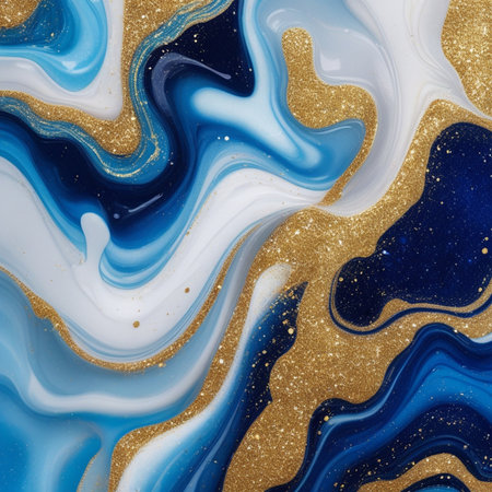 Blue and gold marbling pattern. Golden and white marble liquid textureの素材