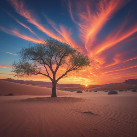 Dramatic sunset over a tree in the middle of the desertの素材