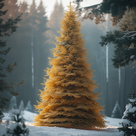 Fir tree in the winter forest. Christmas and New Year background.の素材