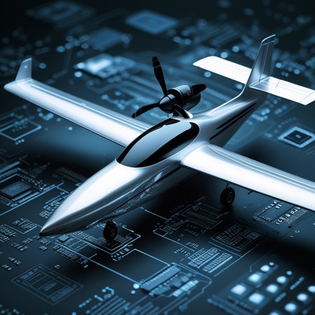 3d rendering of a small airplane on a circuit board background.の素材