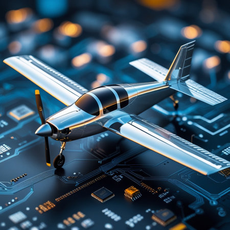 3d illustration of a small airplane on a circuit board background.の素材