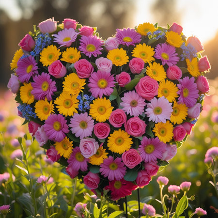 Heart shaped bouquet of colorful flowers on a flowerbed in the gardenの素材