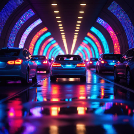 Traffic in the tunnel with lights and reflections on the floor.の素材