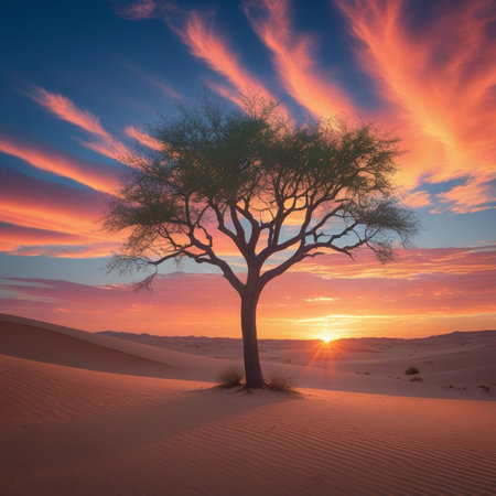 Lonely tree in the desert at sunset. 3d renderingの素材