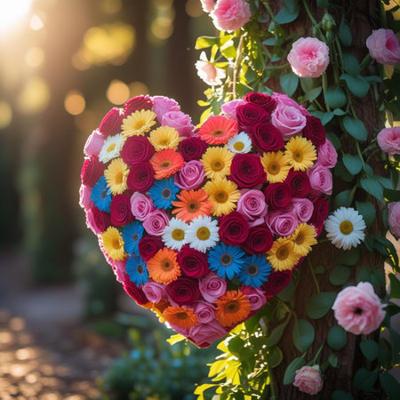 Heart shape made of multicolored flowers in the garden. Valentines day backgroundの素材