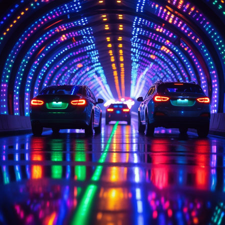 Car on the road in the tunnel with colored lights. Selective focusの素材