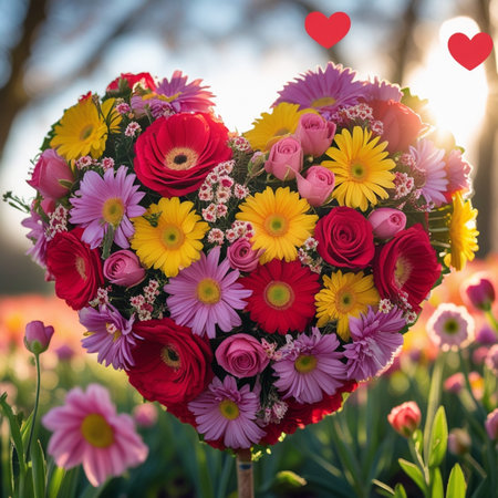 Heart shaped bouquet of colorful flowers in the garden, Valentine's dayの素材
