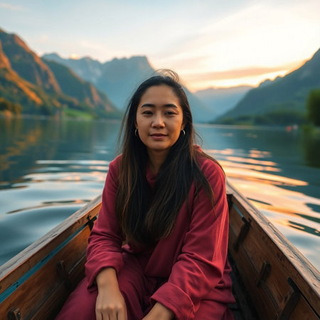 Beautiful young Asian woman in a boat on lake at sunsetの素材