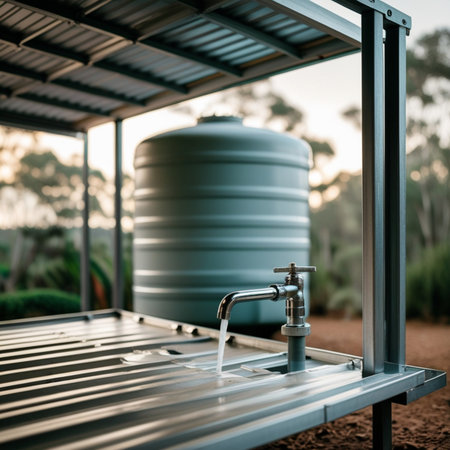 Water tap in tank farm. Agriculture and farming concept. Selective focus.の素材