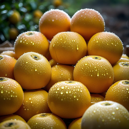 Close up of yellow tomatoes with water droplets on the surface.の素材