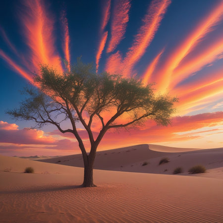 Beautiful sunset over the desert with tree in the foreground, Namibiaの素材